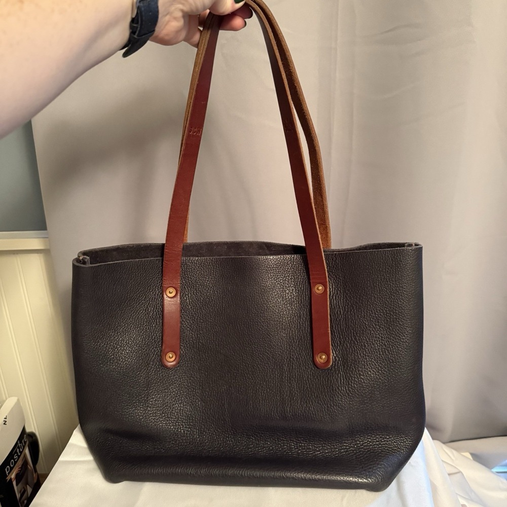 Go Forth Goods Avery Leather Large Black Brown Tote Bag Purse Thick Leather